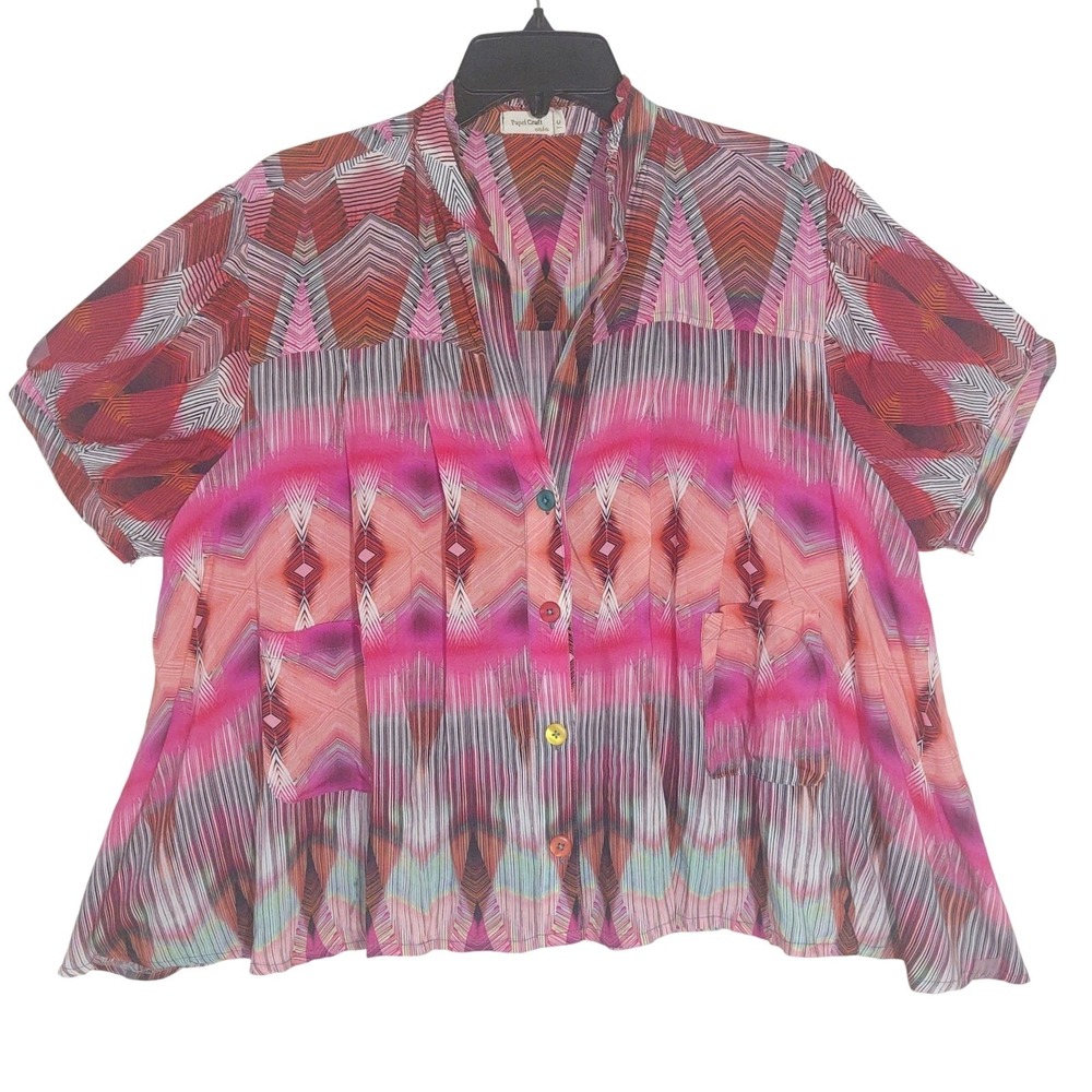 Papel Craft Casa Womens Multicolor Geometric Print Button Up Short Sleeve Blouse - Picture 3 of 8